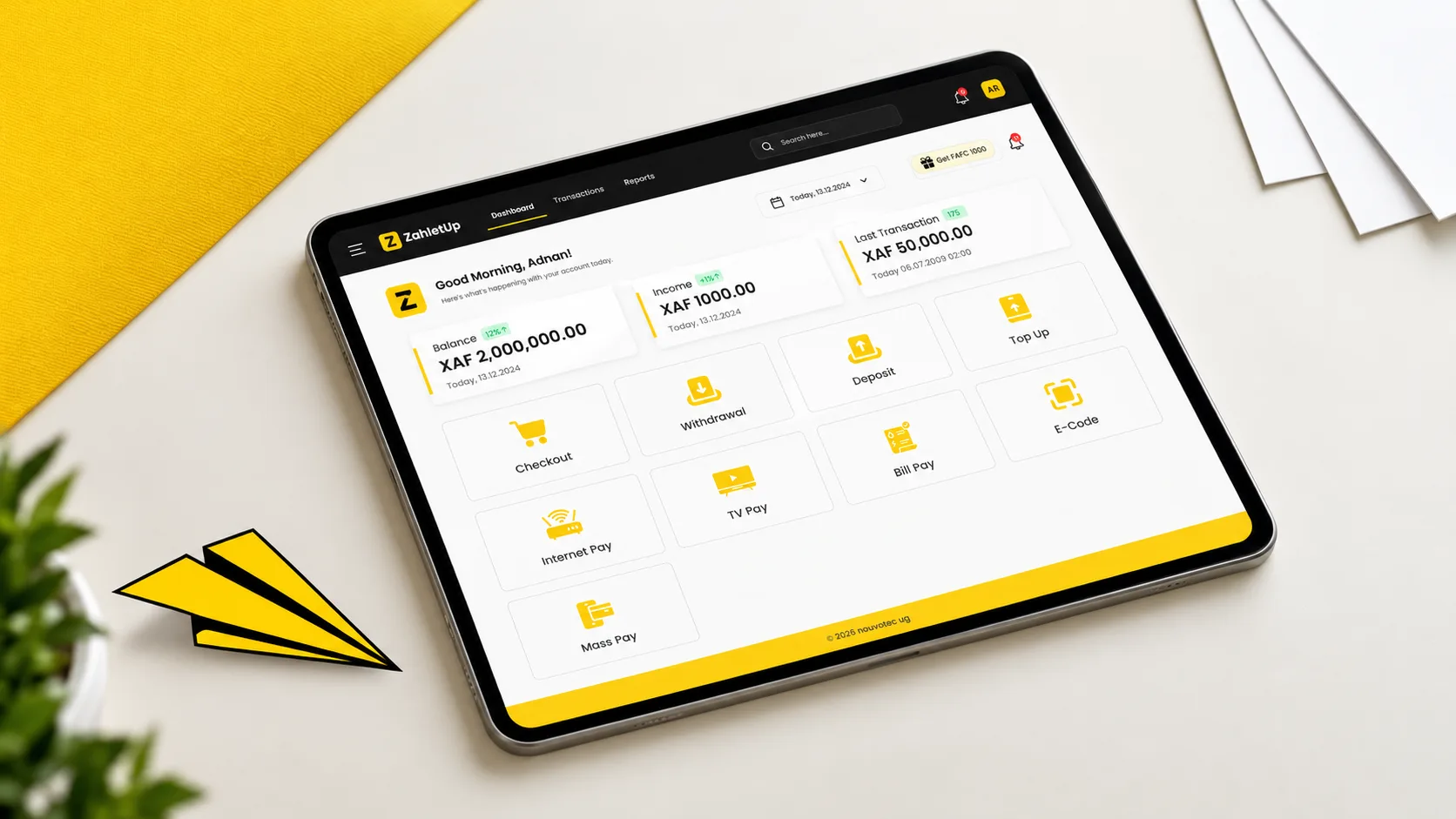 ZahletUp: Dashboard on a tablet with checkout, deposit, withdrawal, top-up and bill pay